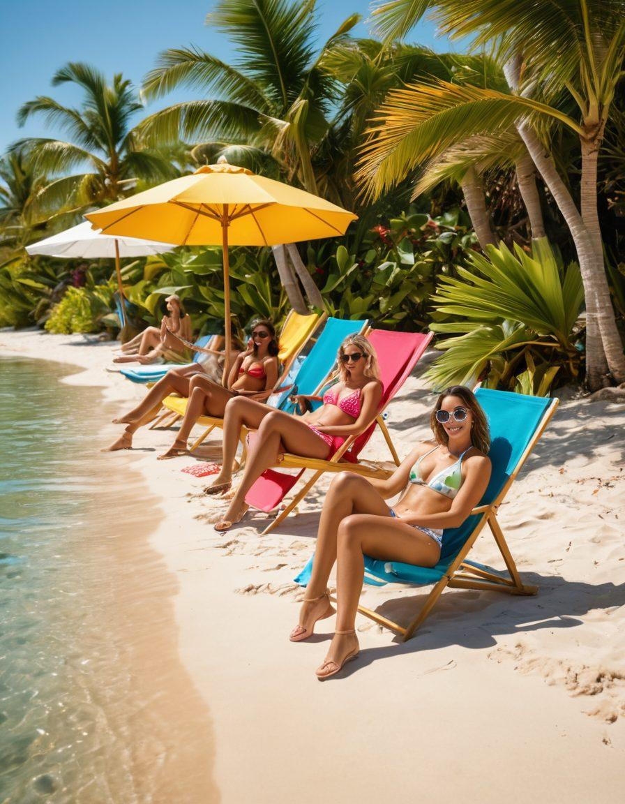 A vibrant beach scene featuring a diverse group of stylishly dressed individuals showcasing the latest bikini and swimwear trends. Include colorful lounge chairs, beach umbrellas, and tropical plants in the background. The sun is shining brightly, reflecting off the shimmering water, creating a lively and inviting atmosphere. Emphasize a sense of fun and excitement as people enjoy summer activities. vibrant colors. super-realistic. tropical theme.